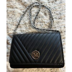 Badgley Mischka Studio Black Vegan Leather Crossbody Bag Round Logo NWT